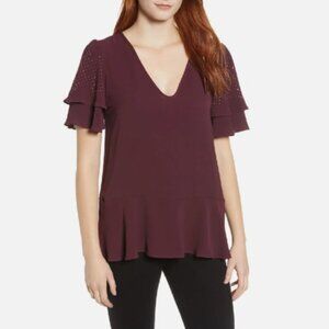Michael Michael Kors Peplum Top With Short Studded Flutter Sleeves S